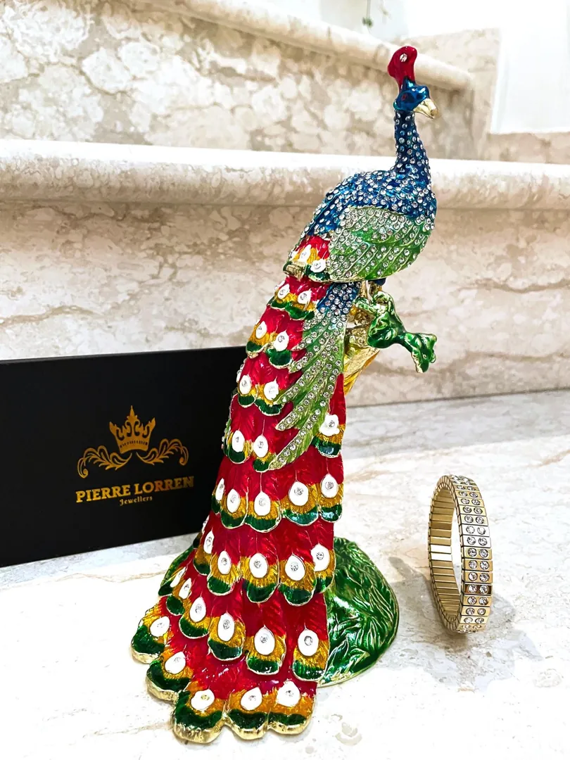 Pierre Lorren Unique Peacock Gifts - Faberge Peacock Trinket Box - Austrian Crystal Diamonds - Pure Gold Decor - Handmade Bird Lover Gift Set
