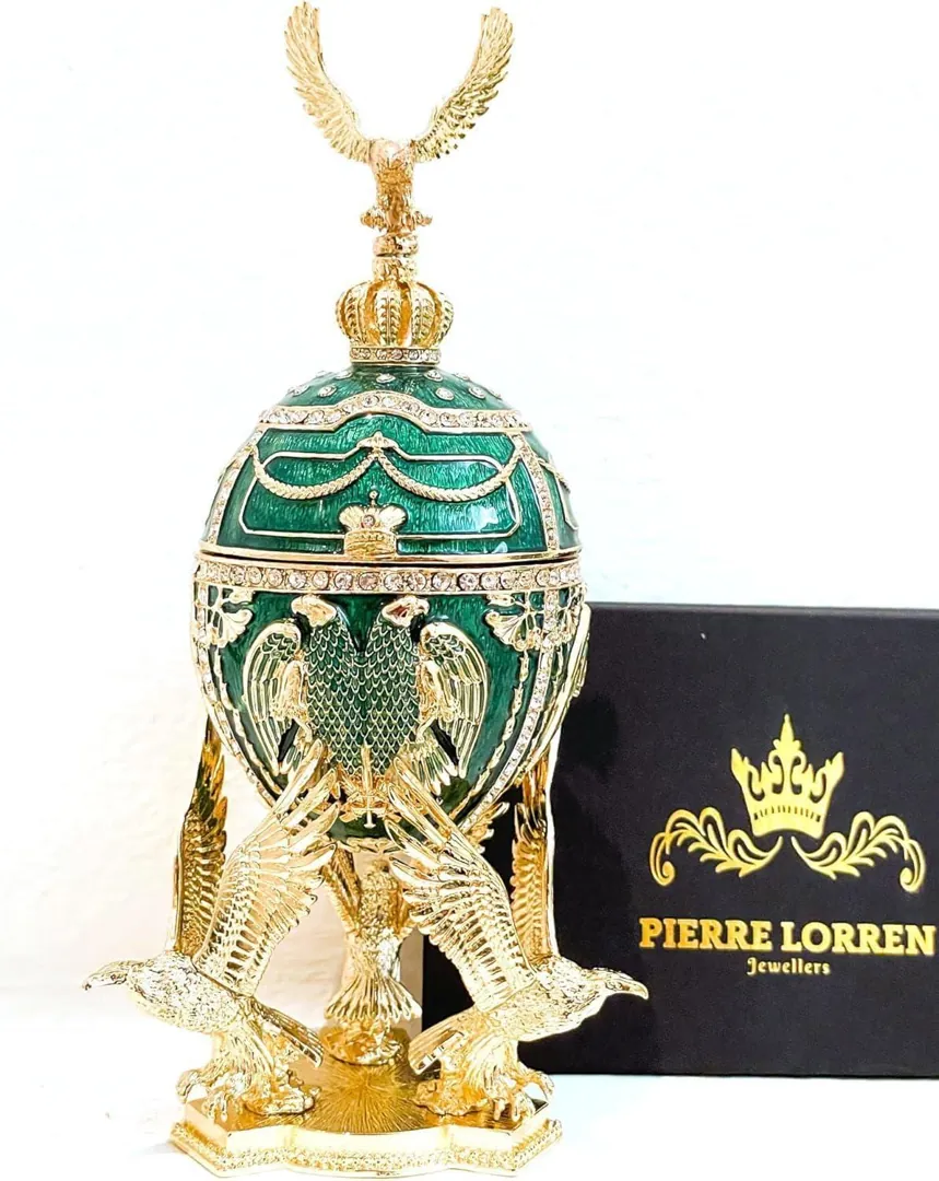 Pierre Lorren Fabergé Egg, Emerald Fabergé Egg, Music Box, Fabergé Trinket Box, Fabergé Pure Gold Decor, Austrian Crystal, Diamond, Wisdom, Christmas.