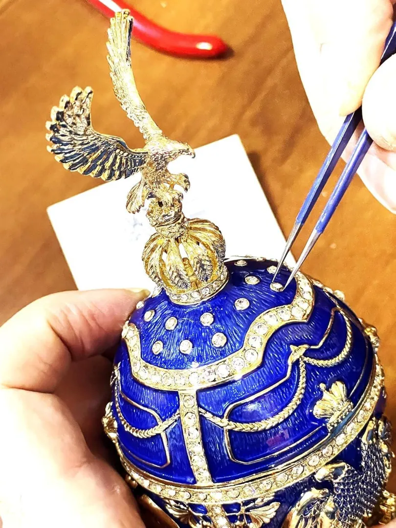 Pierre Lorren Fabergé Egg Sapphire Blue Fabergé Egg Music Box Trinket Box Austrian Crystal Diamonds Pure Gold Decor Foresight Wisdom Gift