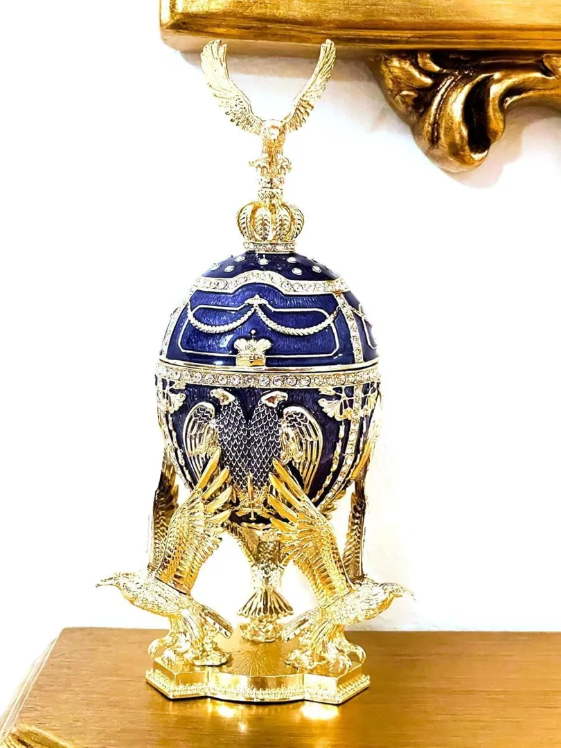 Pierre Lorren Fabergé Egg Sapphire Blue Fabergé Egg Music Box Trinket Box Austrian Crystal Diamonds Pure Gold Decor Foresight Wisdom Gift