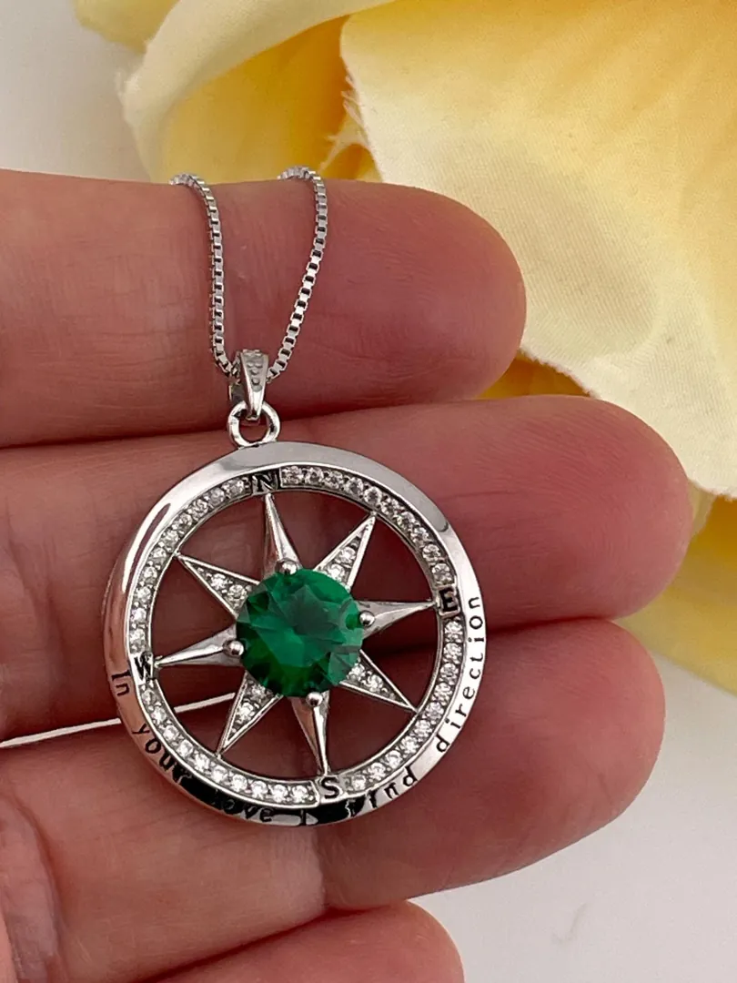2ct Emerald Necklace - Diamond Emerald Pendant - Compass Necklace Pendant 18k White Gold Silver Handmade Certified Emerald Jewelry for Women