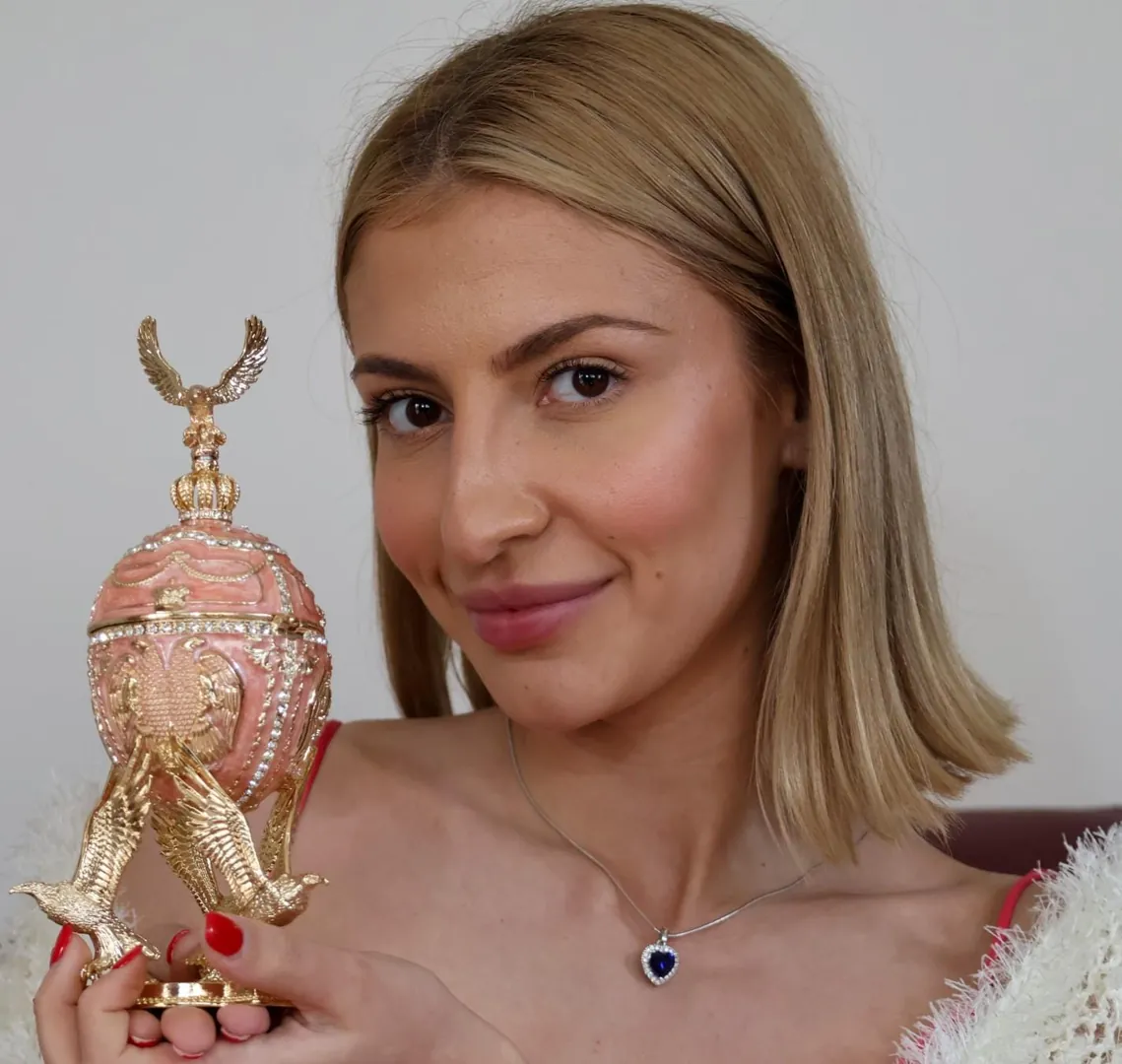 Unique Fabergé Egg Pink Faberge Egg Music Box WISDOM Faberge Trinket Box Pure Gold Decor Austrian Crystal Diamonds Handmade by Pierre Lorren.