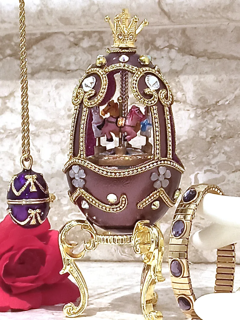 One of a Kind Faberge Egg Style Faberge Necklace Amethyst Bracelet Purple Faberge Egg Musical Carousel Horse 24k Gold Handmade Fabergé Egg