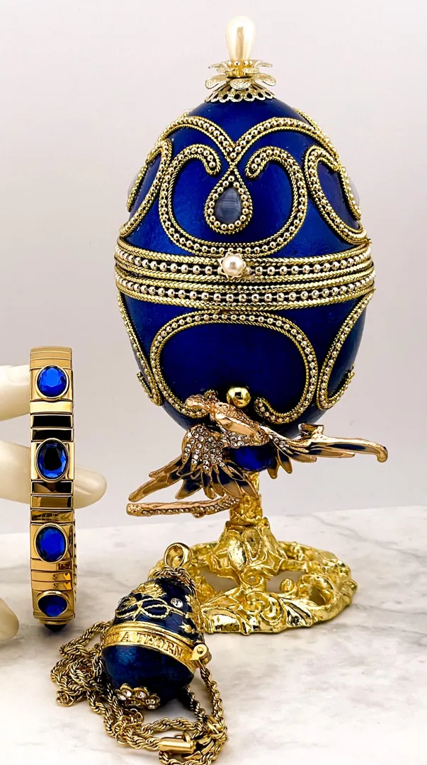 1980 Faberge Egg Sapphire Blue Bird Natural Fabergé Egg Pure Gold Decor 45th Wedding Anniversary Gift for Parents 45th Birthday Gift for Her