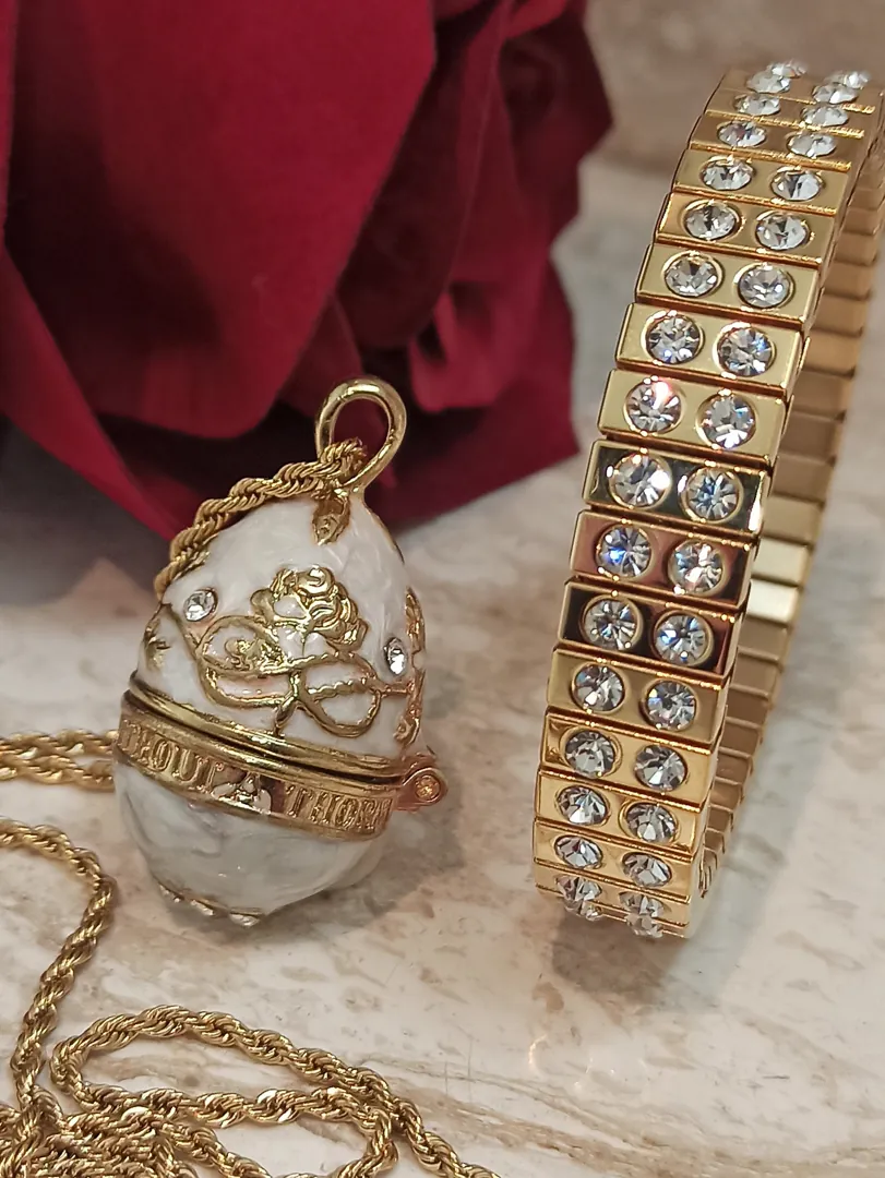 Designer Faberge Egg Necklace Bracelet Set: Faberge Egg Pendant in White and 24k Gold Bracelet for Women. Jewelry set for Weddings, Bridal Gifts, and Birthdays.