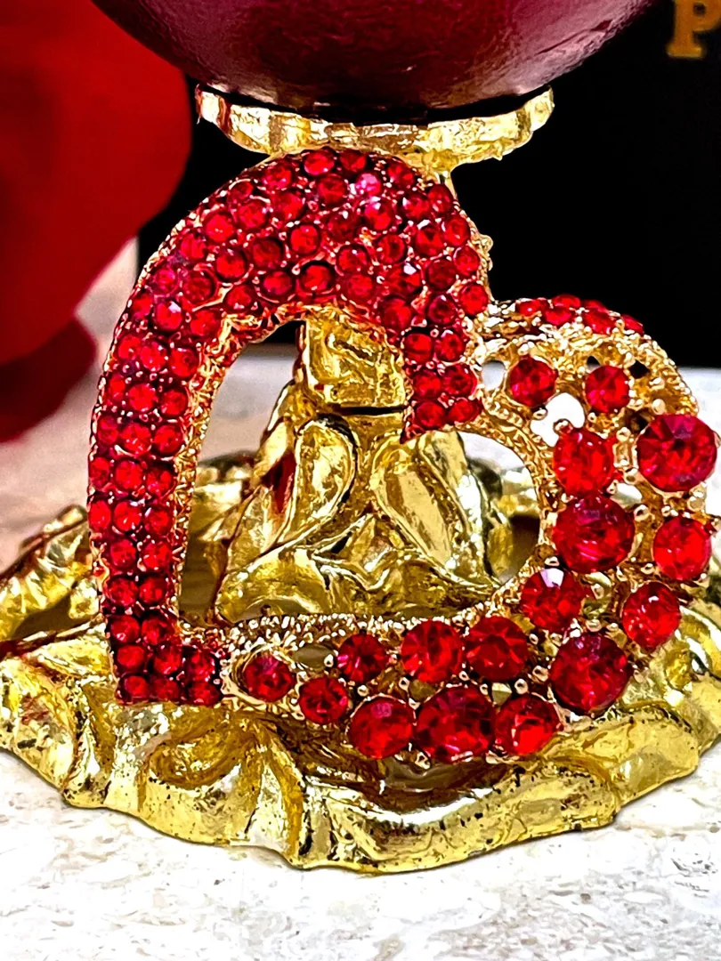 Faberge Egg Valentine's Day Wedding Day gifts, Faberge style Eggs, Faberge Musical Egg, Silk Interior Faberge Jewelry box, and Faberge Necklace.