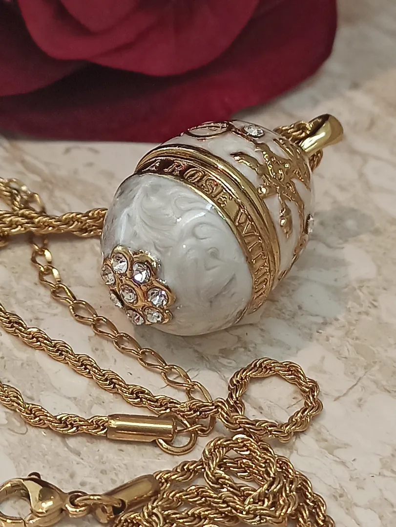 Luxury Faberge Egg Pendant Locket White Faberge Egg Necklace Set 24k Gold Fabergé Jewelry Austrian Crystal Handset + Gold White Bracelet