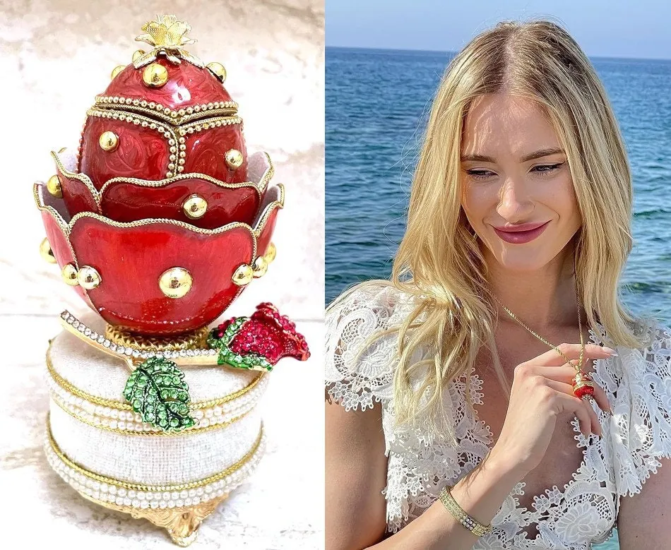 Limited Edition Fabergé Egg 2002 Ruby Rose Fabergé Style Egg Handcarved Fabergé Egg Music Box & Jewelry First Christmas Anniversary New Year