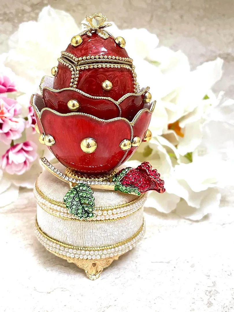 Limited Edition Fabergé Egg 2002 Ruby Rose Fabergé Style Egg Handcarved Fabergé Egg Music Box & Jewelry First Christmas Anniversary New Year